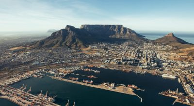 Aerial view of entrance of the port of cape town. Commercial docks of cape town harbour.