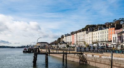 Cobh, Ireland - November 9, 2017: Waterfront of Cobh a sunny morning. Cobh is a picturesque irish town near Cork