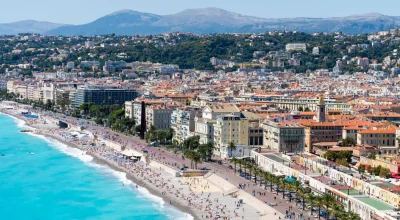 Cityscape view with coastline and beach, Nice, Cote d'Azur, France