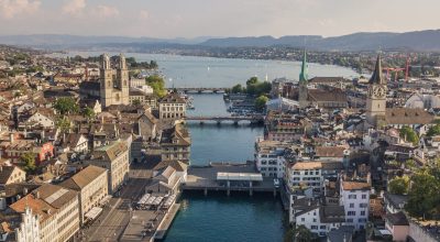 Cityscape of Zurich, the biggest city of Switzerland. Aerial view