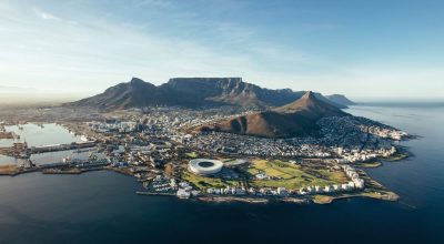 Aerial coastal view of Cape Town. View of cape town city with table mountain, cape town harbour, lion's head and devil's peak, South Africa.