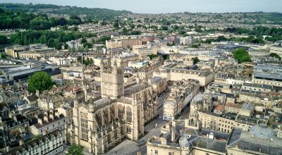 An aerial drone shot of the Oxford cityscape with the Oxford University, England