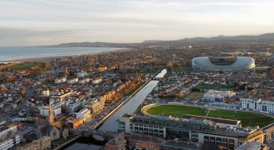 An aerial view of Dublin bay with with Aviva Stadium at Sunset