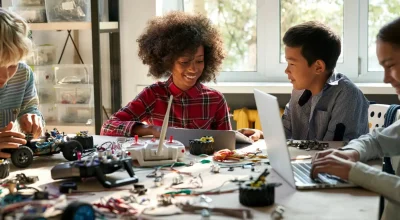 Group of multiethnic schoolkids interacting using gadgets for programming for robotics engineering class. Elementary school science classroom of futuristic technologies. STEM education concept.