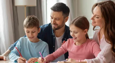 Family of four parents and kids engaging in studying and learning together in a warm home environment