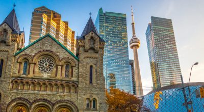 Panoramic view of St Andrew's Presbyterian Church and CN Tower -