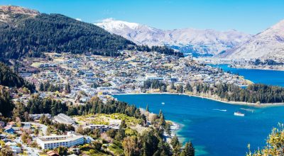 A view of Queenstown on a sunny spring day in New Zealand