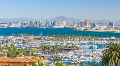 San Diego, California, USA cityscape over the bay.