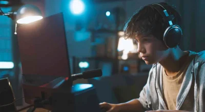 Adolescente descolado usando fones de ouvido e jogando videogames online, conceito de jogos e entretenimento