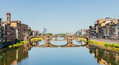 Portrait of Ponte Vecchio, Florence, Italy, Europe. Historic mediaeval bridge. Travel destination.