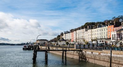 Cobh, Ireland - November 9, 2017: Waterfront of Cobh a sunny morning. Cobh is a picturesque irish town near Cork